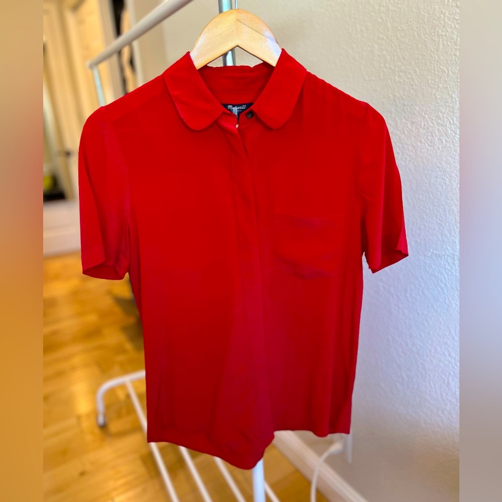 Madewell classic red button up that is super forgiving.